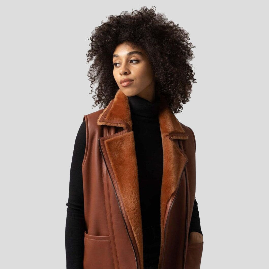 Women Tan Brown B3 Bomber Shearling Fur Long Vest