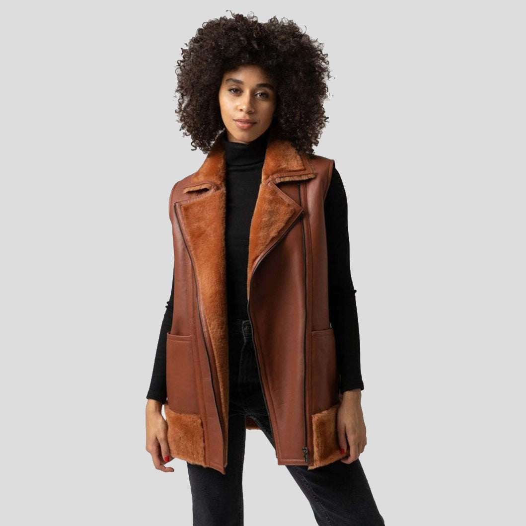 Women Tan Brown B3 Bomber Shearling Fur Long Vest