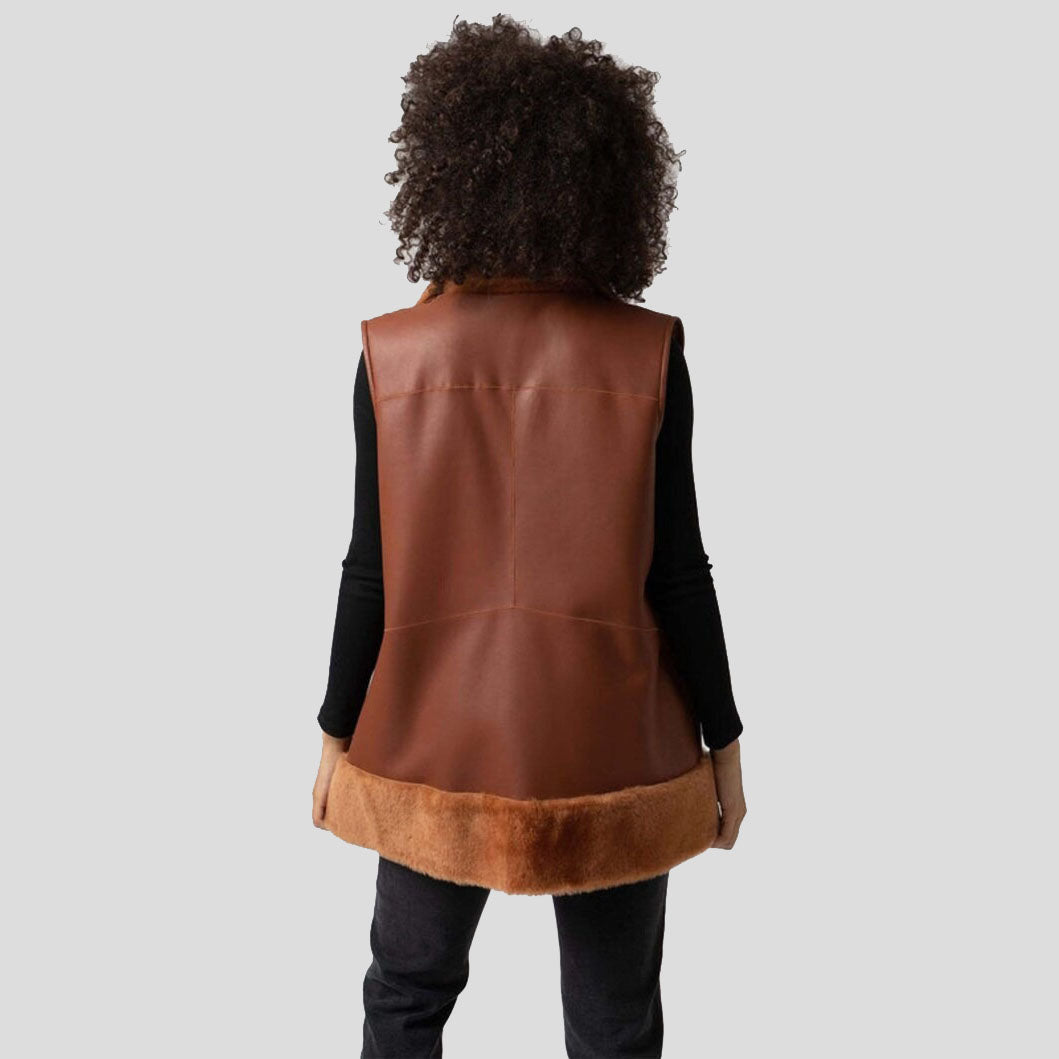 Women Tan Brown B3 Bomber Flying Pilot Aviator Sheepskin Shearling Fur Long Vest