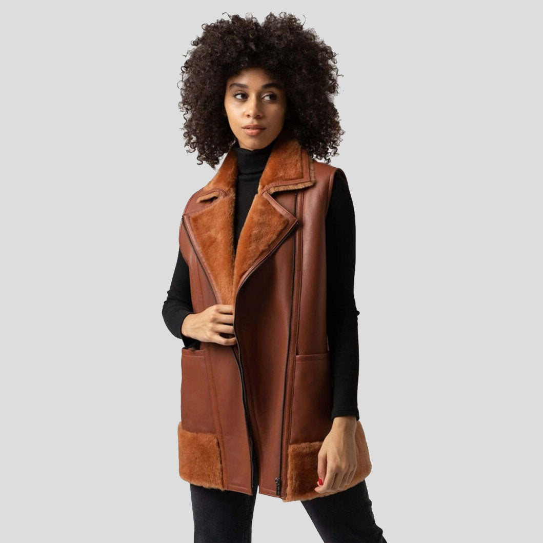 Women Tan Brown B3 Bomber Shearling Fur Long Vest