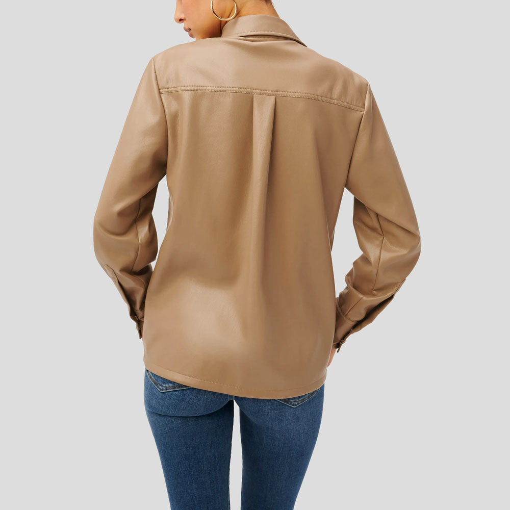 Women Utility Faux Leather Button-Up Shirt in Warm Caramel