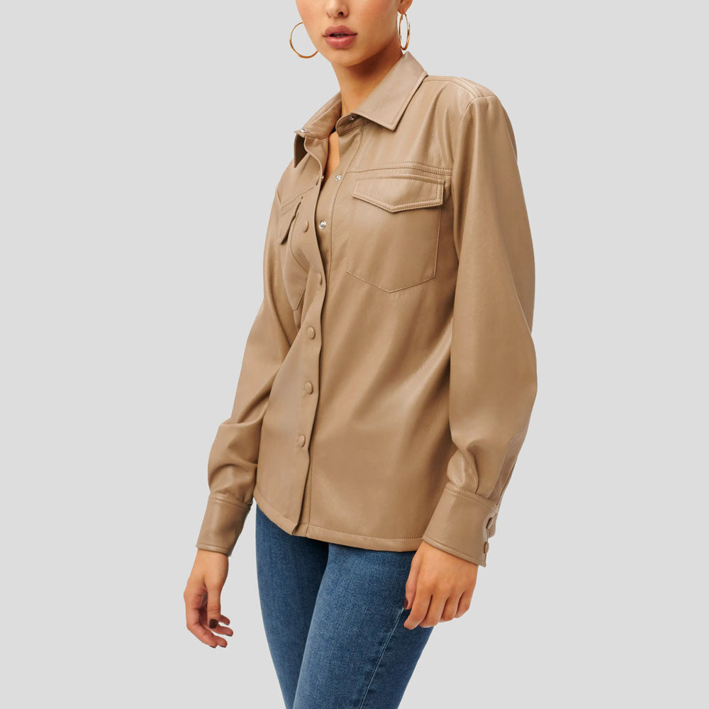 Women Utility Faux Leather Button-Up Shirt in Warm Caramel