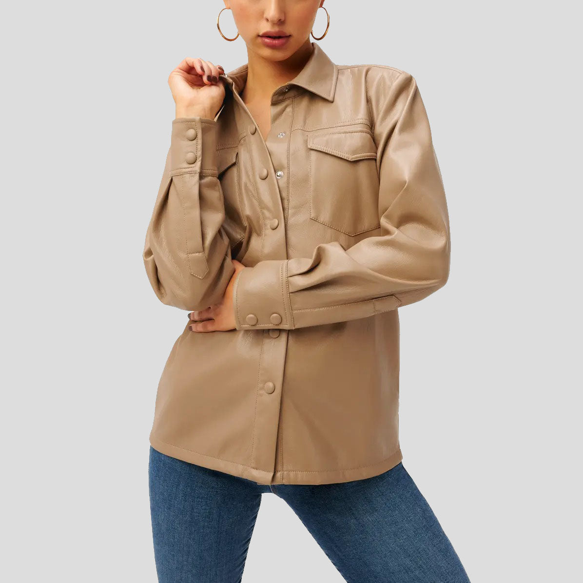 Women Utility Faux Leather Button-Up Shirt in Warm Caramel