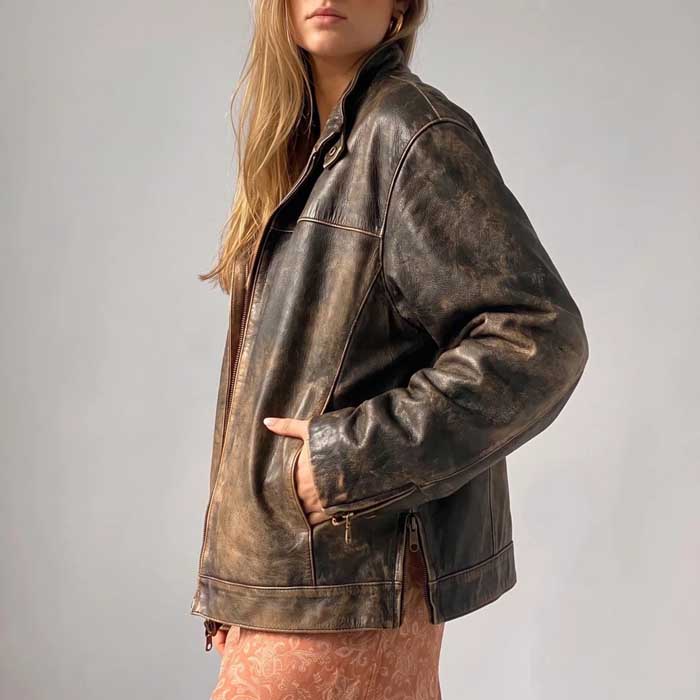Women's A2 leather flight jacket in distressed brown lambskin with fitted waist side view
