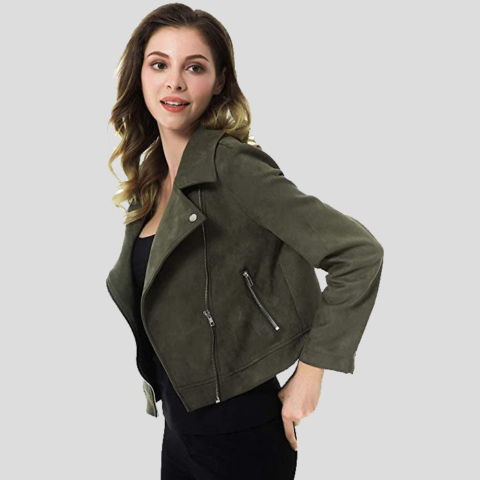 Women's Army Green Suede Motorcycle Jacket | Zipper Short Coat