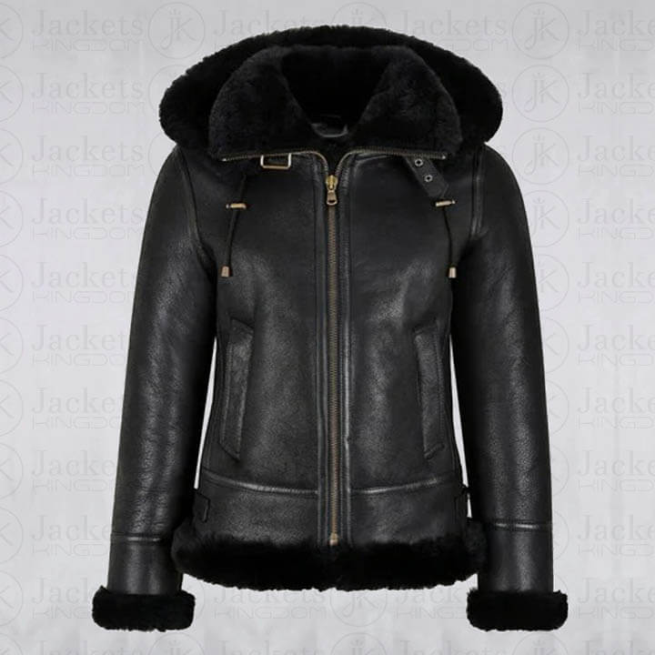 Womens B3 Bomber Hooded Classic Black Shearling Jacket