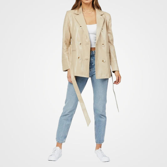 Women’s Beige Double-Breasted Leather Coat Women’s Beige Double-Breasted Leather Coat