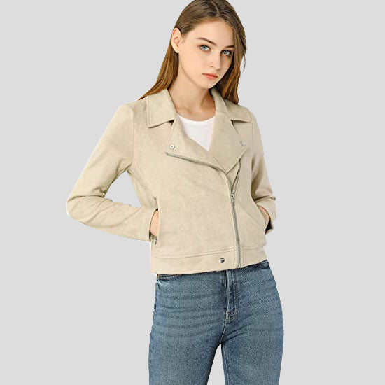 Women's Beige Zip Up Suede Leather Biker Moto Jacket