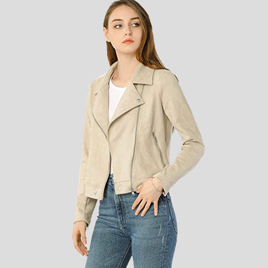 Beige Zip Up Suede Leather Biker Moto Jacket for Women