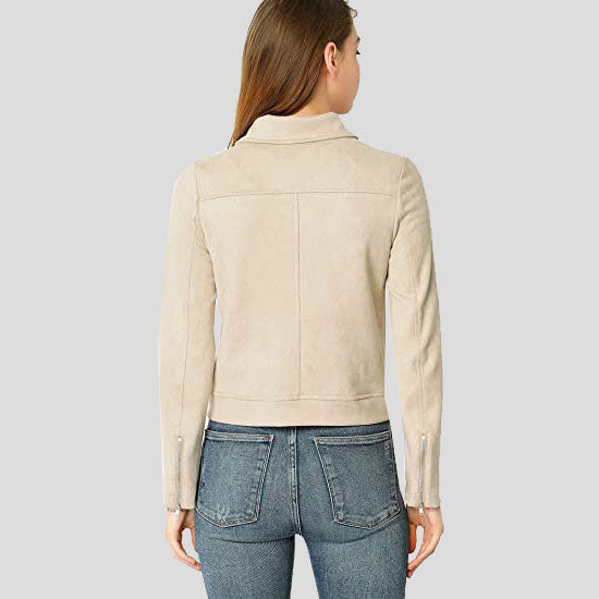 Women's Beige Zip Up Suede Leather Biker Moto Jacket