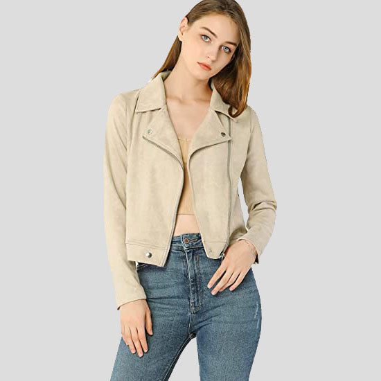 Beige Zip Up Suede Leather Biker Moto Jacket for Women