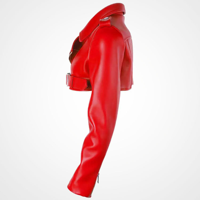 Women's Short Biker Red Leather Jacket