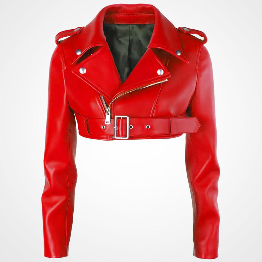 Women's Short Biker Red Leather Jacket