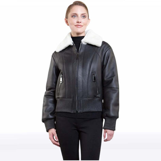 Women’s Black B3 Leather Jacket with White Shearling