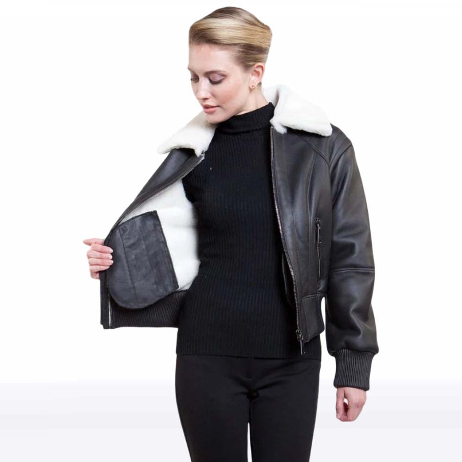 Women’s Black B3 Leather Jacket with White Shearling