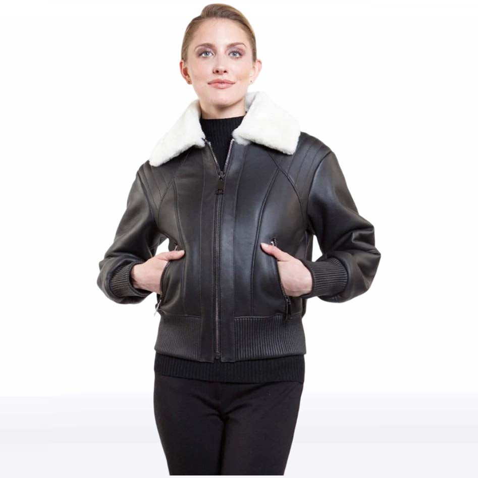 Women’s Black B3 Leather Jacket with White Shearling