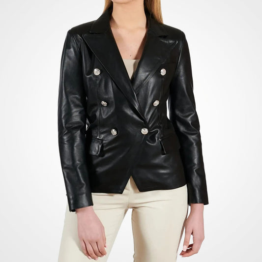 Women’s Black Double-Breasted Leather Coat Women’s Black Double-Breasted Leather Coat