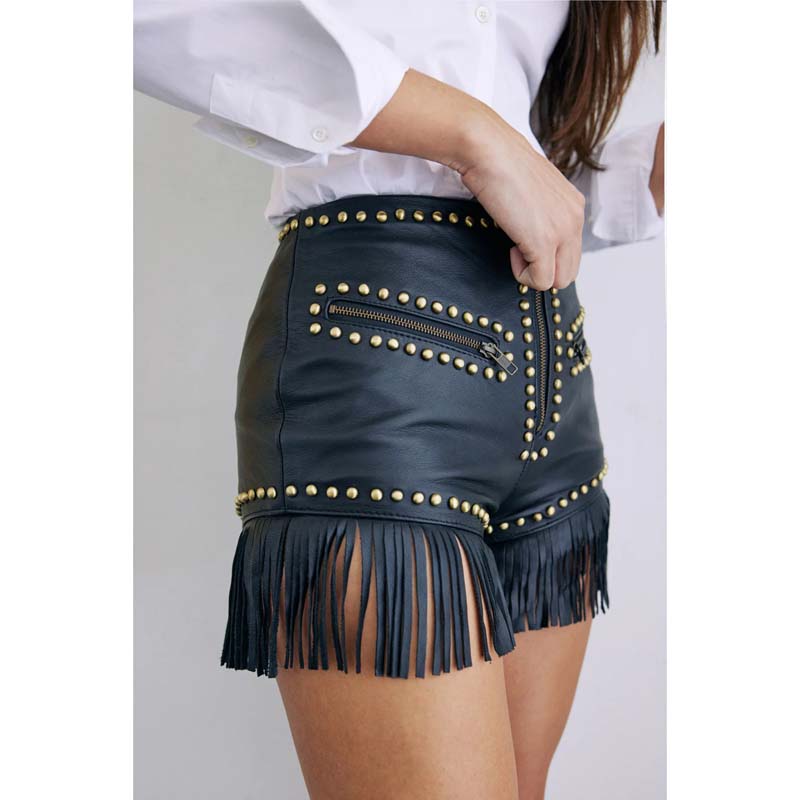 Women's Black Hand-Cut Fringe Naked Leather Shorts