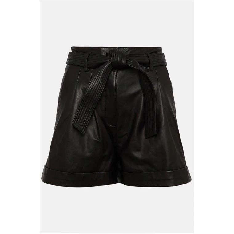 Women's Black High-Waist Belted Leather Shorts