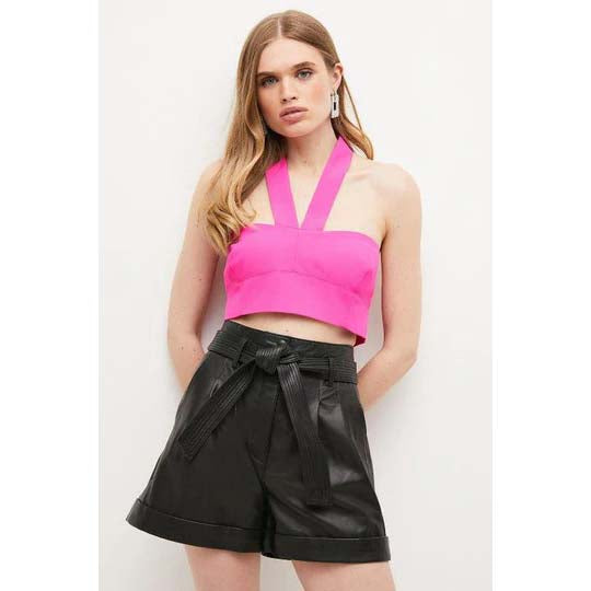 Women's Black High-Waist Belted Leather Shorts