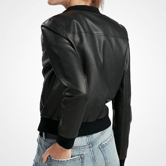 Women's Classic Black Lambskin Leather Bomber Jacket