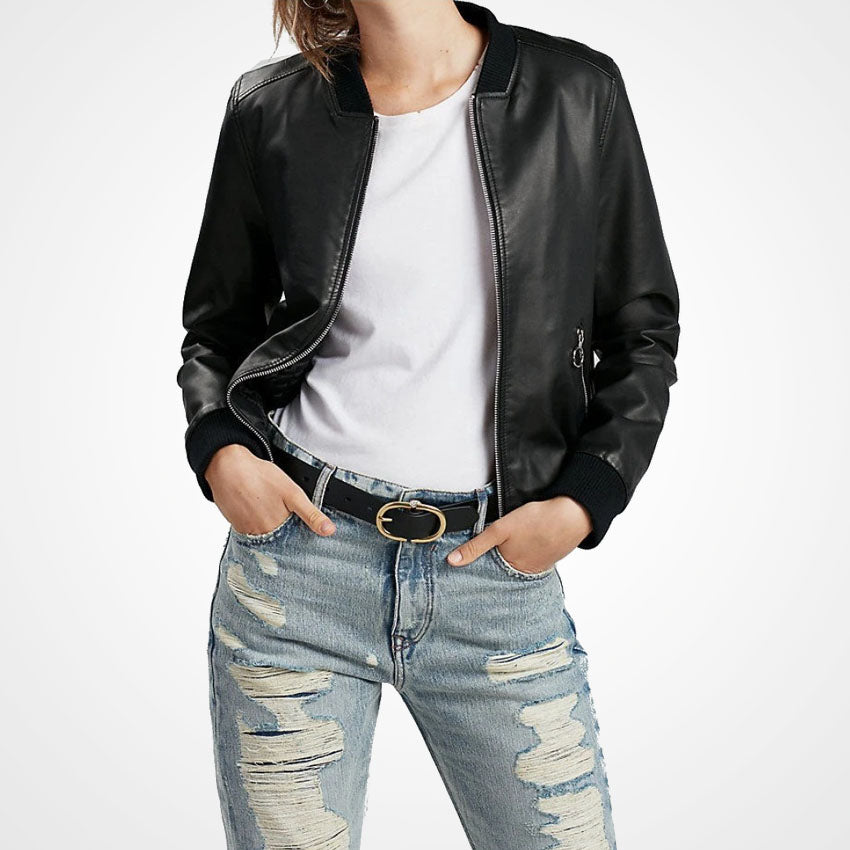 Women's Classic Black Lambskin Leather Bomber Jacket