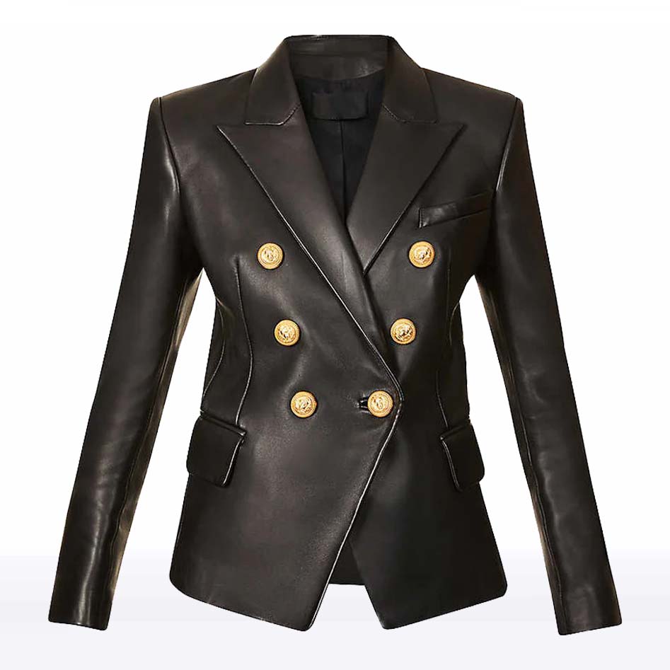 Women’s Black Sheepskin Leather Blazer with Gold Buttons