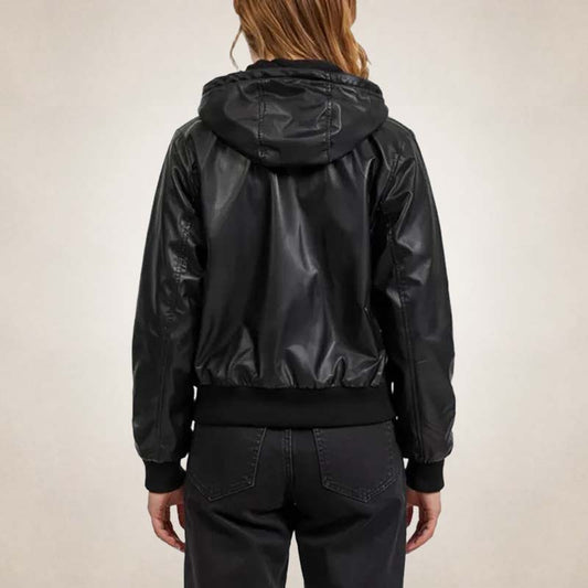 women's black leather bomber jacket with attached hood