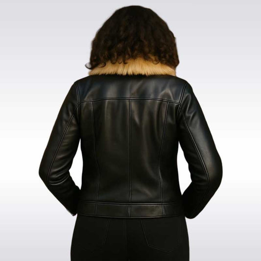 Women’s Black Leather Jacket with Fur Collar