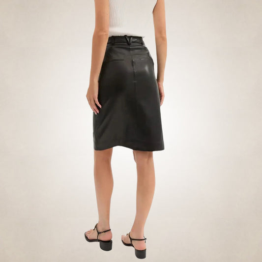 black leather midi skirt, back view showing zipper