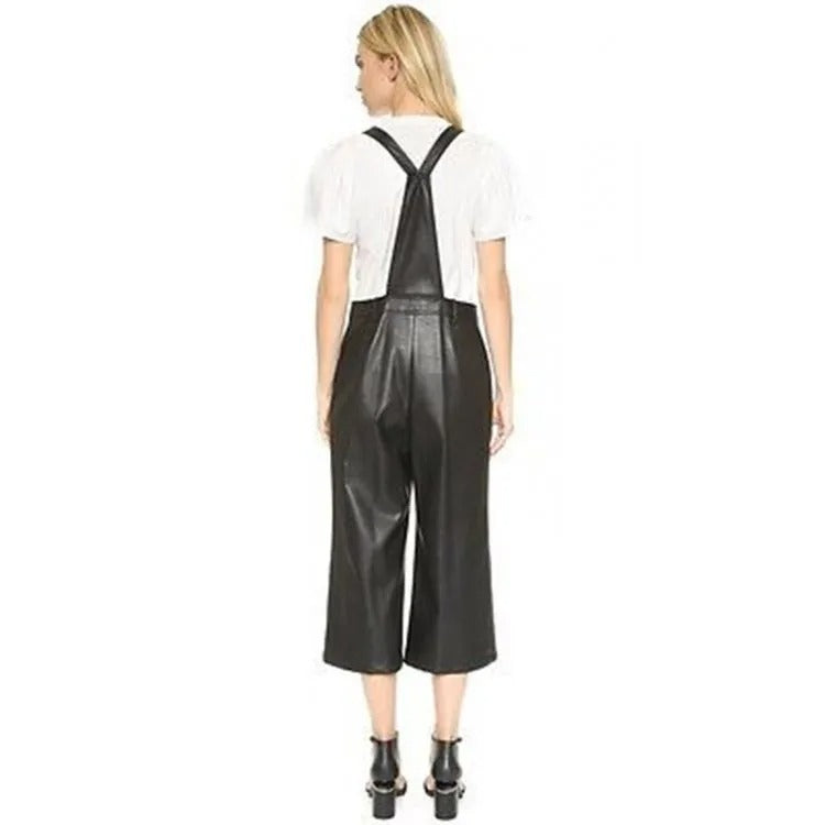 Women's Black Leather Overall Jumpsuit - Sleek and Versatile