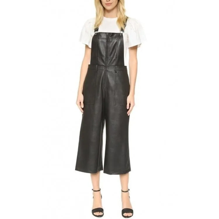 Women's Black Leather Overall Jumpsuit - Sleek and Versatile