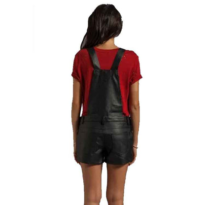 Women's Black Leather Overalls One Piece Short Romper - Edgy and Comfortable