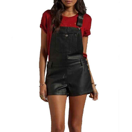 Women's Black Leather Overalls One Piece Short Romper - Edgy and Comfortable