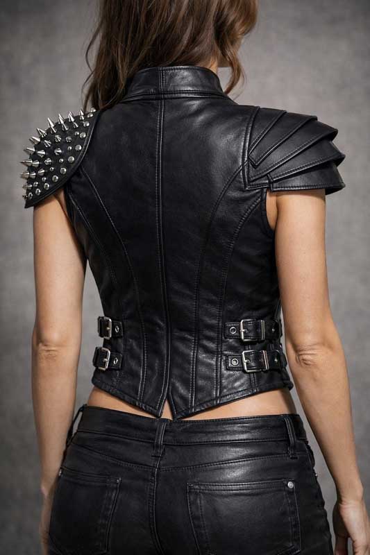 Womens Black Leather Studded Biker Vest