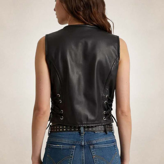 Women’s Fitted Black Leather Vest with Side Laces