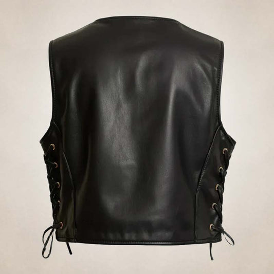 Women’s Classic Black Leather Vest with Side Lacing - Western Style