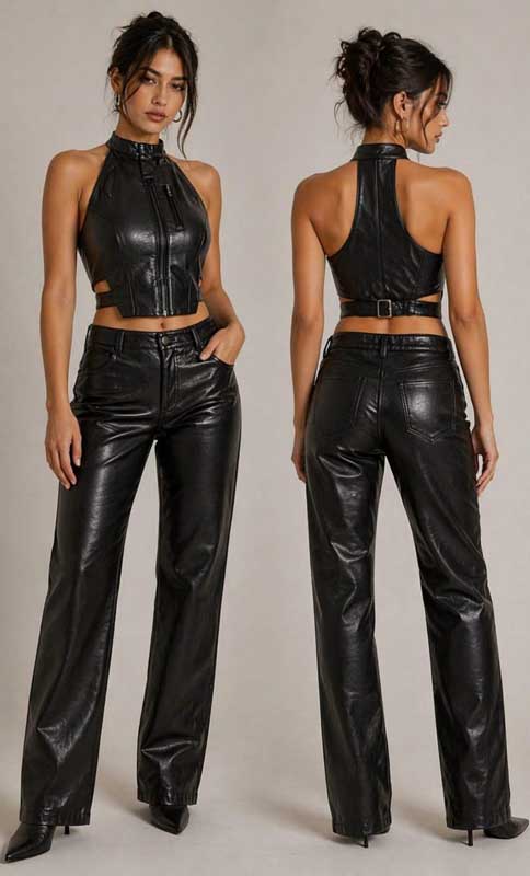 Womens Black Sheepskin Leather Halter Crop Top