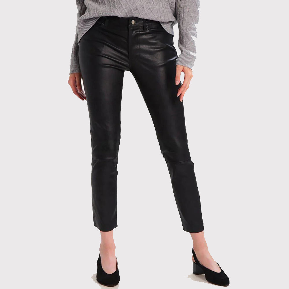 Women's Black Skinny Leather Jeans Pants