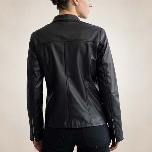 Women's Black Slim Fit Biker Leather Jacket with Gold Zipper