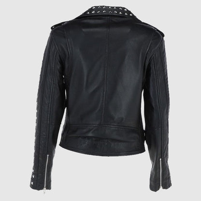 Rock the Edge: Black Studded Leather Biker Jacket for Women