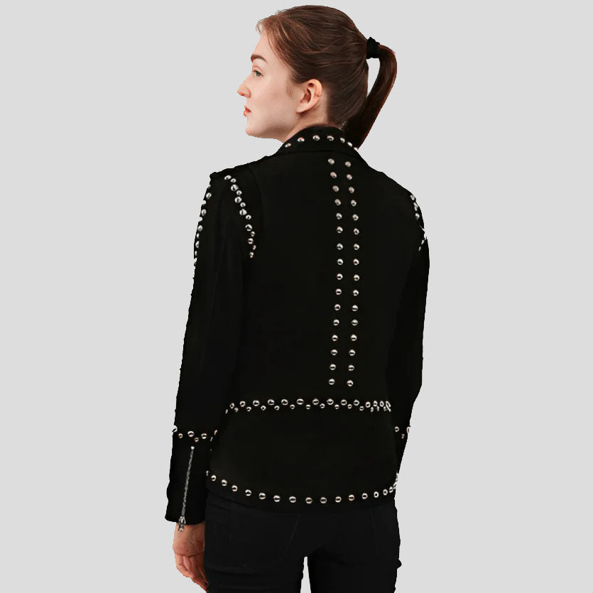 Women's Black Studded Suede Leather Biker Jacket