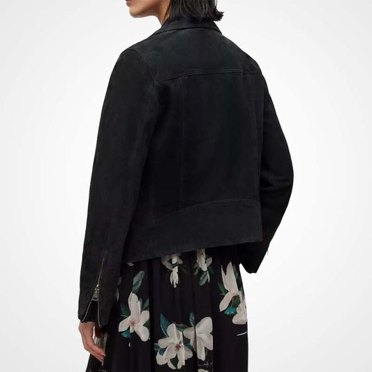 Women's Black Suede Leather Biker Jacket Custom Made