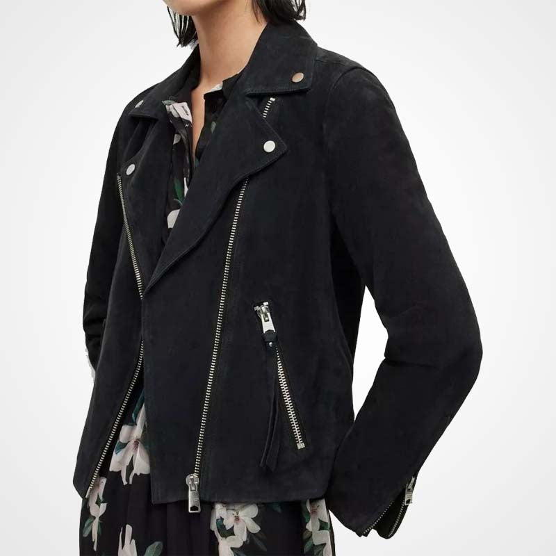 Women's Black Suede Leather Biker Jacket Custom Made