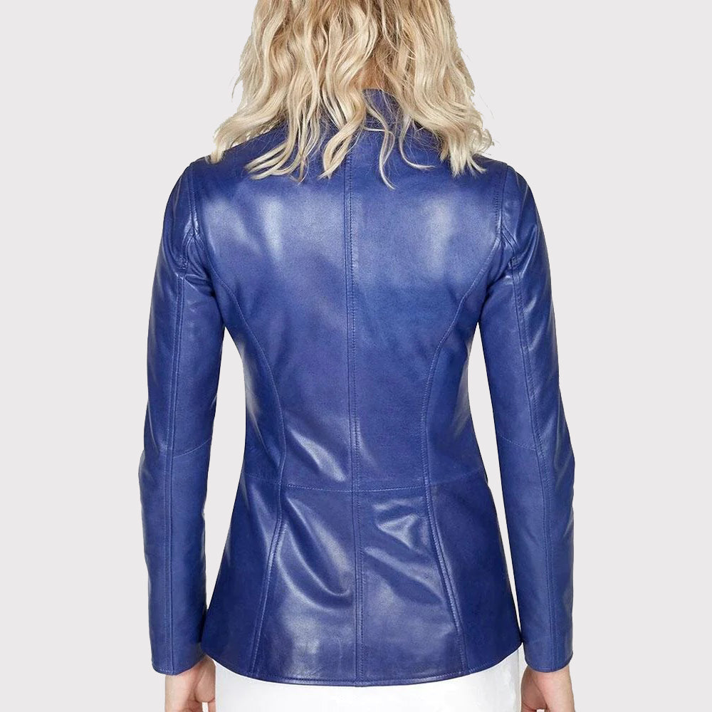 Women's Blue Leather Blazer Jacket