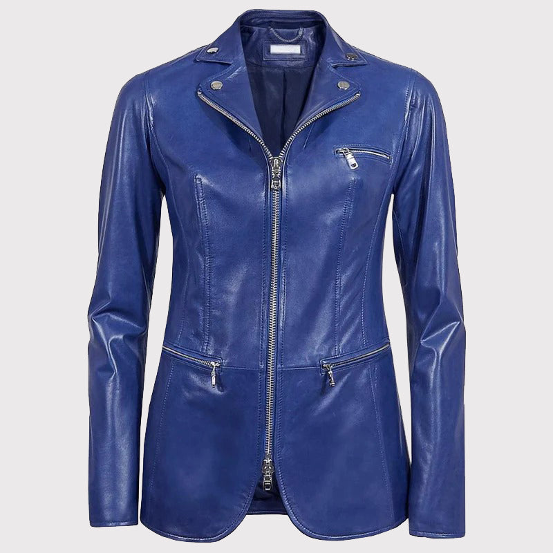 Women's Blue Leather Blazer Jacket