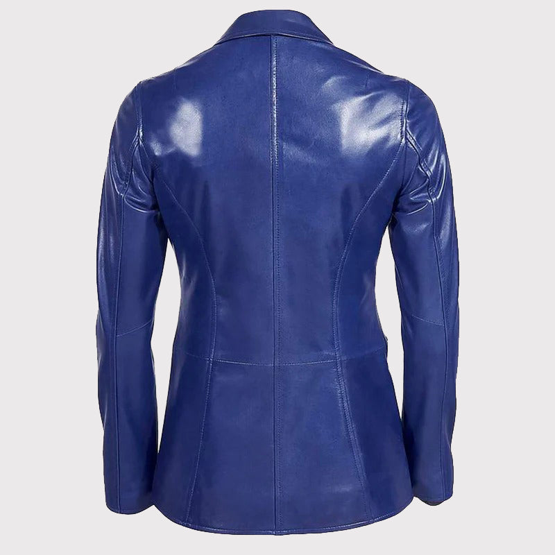 Women's Blue Leather Blazer Jacket