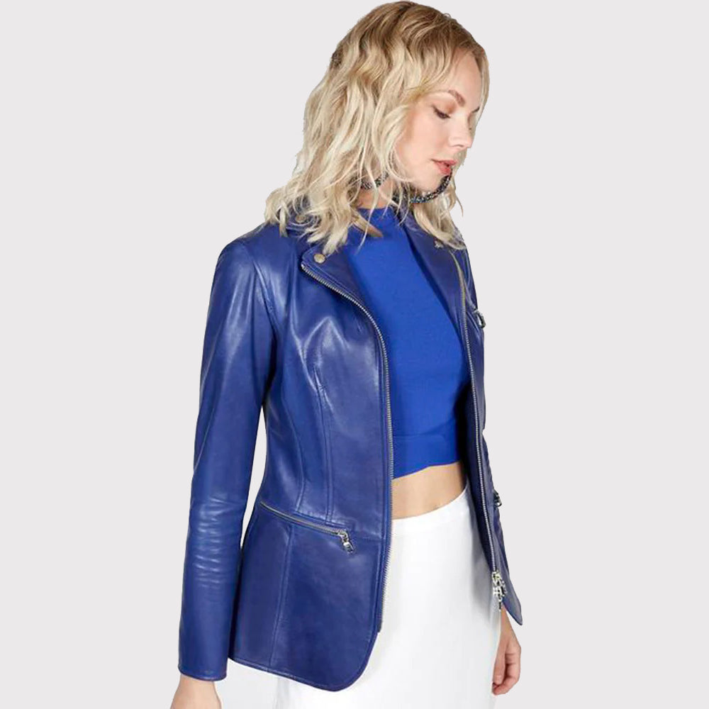 Women's Blue Leather Blazer Jacket