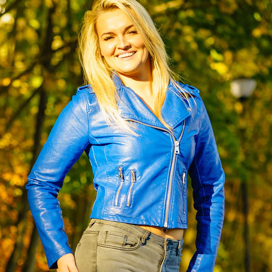 Women's Blue Leather Cropped Biker Jacket
