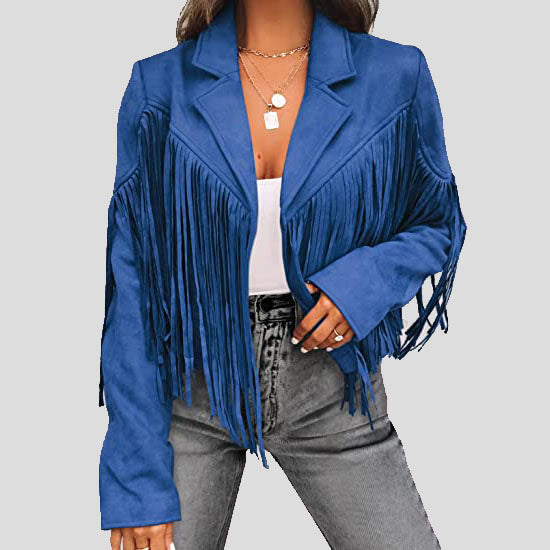 Women's Blue Suede Tassel Lapel Cropped Motorcycle Jacket